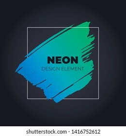 Vector neon color brush stroke banner template. Colorful abstract illustration cian to green gradient hand drawn shape isolated on black background in square frame. Bright trendy palette.