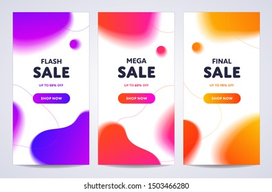 Vector neon color fluid vertical sale banner template set. Abstract shapes on 50%, 60%, 70% discount flyer layout collection. Design special offer illustration for poster, leaflet, voucher, card.