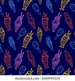 Vector Neon Color Line Art Style Seamless Pattern Design with Ice Cream. Sweet Illustration of Tasty Different Ice Cream on Dark Background for Paper Print, Menu, Banner