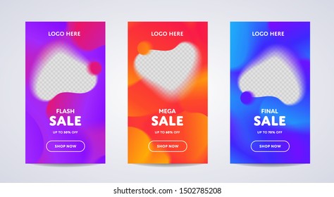 Vector neon color liquid vertical sale banner post template. Abstract shapes on 50%, 60%, 70% discount flyer with transparent frame. Design illustration for social media poster, leaflet, voucher, card