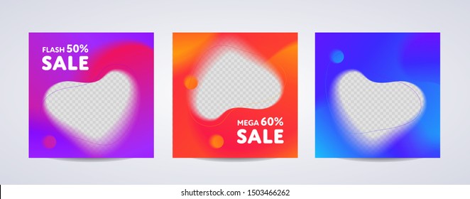 Vector neon color liquid vertical sale advertising post template. Abstract shapes flash, mega and final sale flyer with transparent frame. Design offer illustration for social media poster, banner