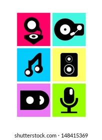 Vector neon colored music icons: record player, note, microphone