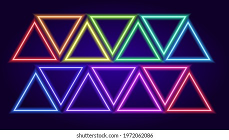 vector neon colored triangle set. Isolated elements in the form of neon triangular frames. Multicolored glowing lines on a dark background for a design template. Triangular neon spectrum color shapes