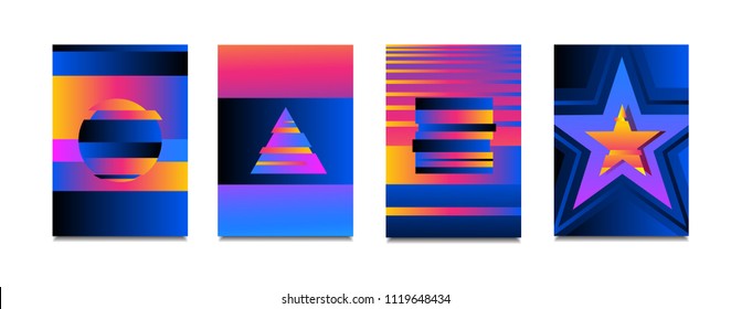 Vector neon colorful glitch effect poster set.Modern Tv distortion effect. Abstract circle geometric background glitch effect.Banner design,cover,invitation,party flyer.halftone,laser cutting.