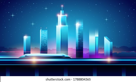 Vector neon colorful gradient illustration of futuristic riding tram on night city background.