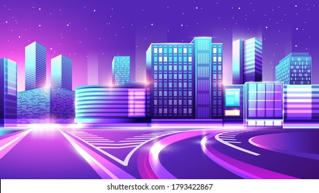 Vector neon colorful gradient illustration of of night avenue. Empty city place with no people or cars.