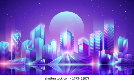 Vector neon colorful gradient illustration of a horizontal panorama of the night city with spotlights. Empty city place.