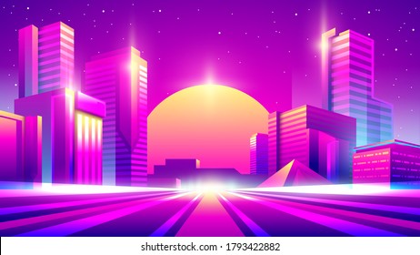 Vector neon colorful gradient illustration of night city with moon on background. Empty city place with no people or cars.