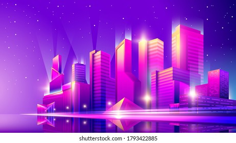 Vector neon colorful gradient illustration of a panorama of the night city with spotlights.