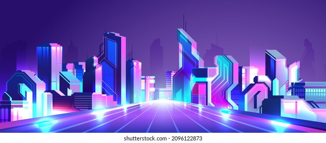 Vector Neon Colorful Gradient Illustration Of Highway On The Night Cyberpunk City Background.