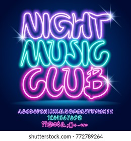 Afiche de neón vectorial colorido Club de Música Nocturno. Conjunto de letras de alfabeto, números y símbolos de puntuación
