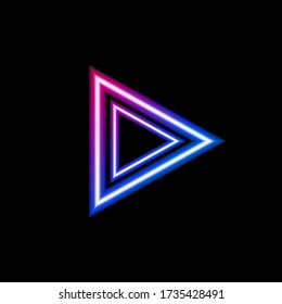 Vector neon colors gradient arrow isolated on black background, glowing sign template, triangle shape, bright pink and blue color, colorful icon.