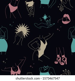 Vector neon colors illustration template and icons in linear style - graceful faceless lady. Attractive woman body parts. Seamless pattern