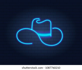 Vector Neon Cowboy Hat on Brick Wall Background, Glowing Sign, Logo Design.