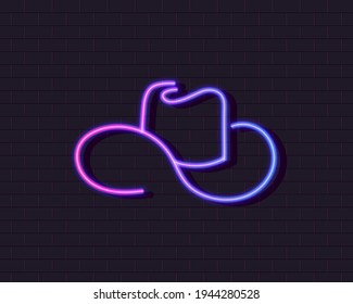 Vector Neon Cowboy Hat on Brick Wall Background, Glowing Sign, Gradient Unltraviolet Color, Logo Design.