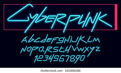 Vector Neon Cyber Font And Alphabet. Luminescent Cyberpunk 2077 Font.