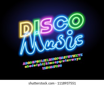 Vetor neon Disco Music logo. Fonte colorida brilhante. Letras, números e símbolos de alfabeto de iluminação brilhante