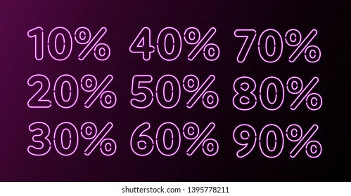 Vector neon discount percent signs. Illuminated red figures and symbol on gradient dark background. Concept of night life, fashion, holiday. Design for special offer, web, store.