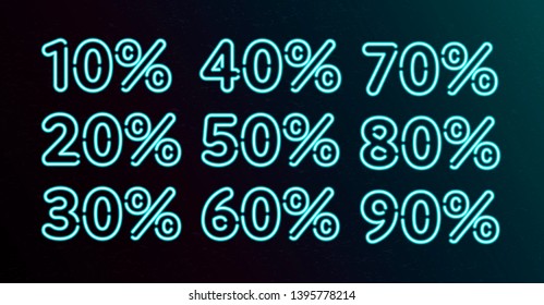 Vector neon discount percent symbols. Illuminated blue figures and symbol on gradient dark background. Concept of night life, fashion, holiday. Design for special offer, web, store.