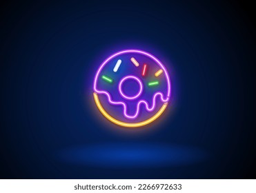 Vector neon donut icon template. Glowing sweet doughnut logo background.