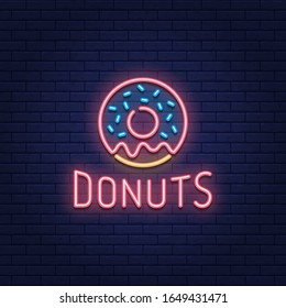 Vector neon donut logo template. Sweet tasty doughnut logotype background.  Glowing candy food sign illustration. Glaze dessert sign for cafe, restaurant, stall