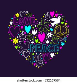 Vector neon doodle elements on love and peace theme in heart shape on dark purple background - hearts, flowers, doves, music notes, peace sign, victory hand and cute lettering