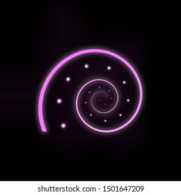 Vector neon dynamic concept with glowing elements on black background. Spiral abstract directional neon line template, shining poster with copy space. Motion effect, fluorescent light.