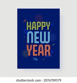 Vector Neon Effect Happy New Year Font And Fireworks On Blue Background.