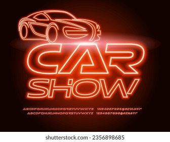 Vector Neon Emblem Auto Show. Red Electric Font. Glowing Alphabet Letters, Numbers and Symbols.