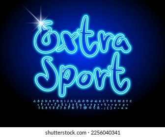 Vector neon Emblem Extra Sport. Bright Glowing Font. Creative handwritten Alphabet Letters and Numbers set