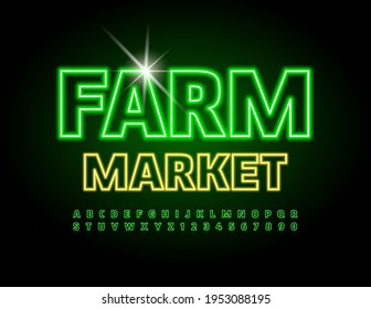 Vector Neon Emblem Farm Market. Bright Green Font. Electric Alphabet Letters and Numbers