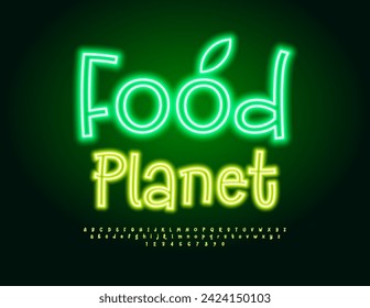 Vector Neon Emblem Food Planet.  Funny Glowing Font. Modern Electric Alphabet Letters and Numbers set.