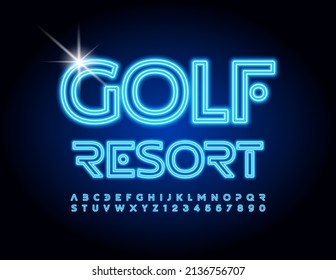 Vector neon emblem Golf Resort. Blue electric Font. Unique style set of Alphabet Letters and Numbers