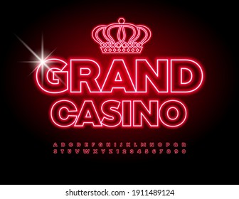 Vector neon emblem Grand Casino with decorative Crown. Bright Red Font. Electric Alphabet Letters and Numbers set