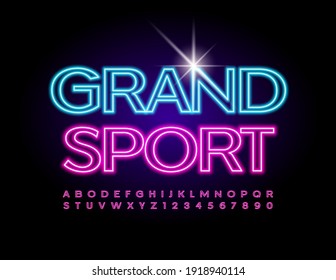 Vector neon emblem Grand Sport. Glowing light Font. Electric Alphabet Letters and Numbers set