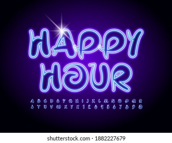 Vector neon emblem Happy Hour. Glowing artistic Font. Electric light Alphabet Letters and Numbers set