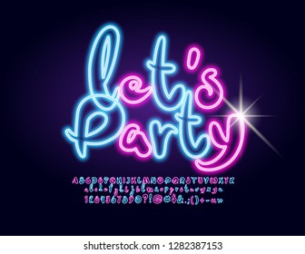 Vector Neon Emblem Let's Party. Glowing Alphabet Letters, Numbers and Symbols. Colorful playful Font.