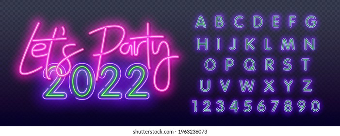 Vector Neon Emblem Let's Party 2022. Glowing Alphabet Letters, Numbers and Symbols. Colorful playful Font. Lets party neon sign. design template, modern trend design, night neon signboard