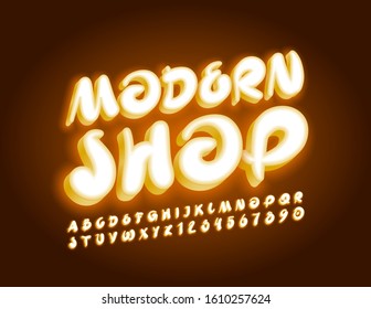 Vector Neon Emblem Modern Shop. Creative Alphabet Letters and Numbers. Bright Handwritten Font.