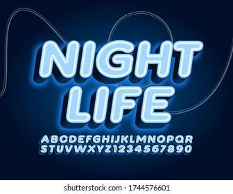 Vector neon emblem Night Life with Blue Electric Font. Glowing Alphabet Letters and Numbers