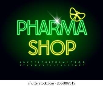 Vector neon emblem Pharma Shop with Decorative Butterfly. Green Light Font. Illuminated Led Alphabet Letters and Numbers set