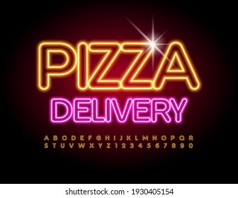Vector neon emblem Pizza Delivery. Glowing light Font. Electric Alphabet Letters and Numbers set