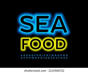 Vector neon emblem Seafood for Cafe, Restaurant, Market. Blue glowing Font. Electric light Alphabet Letters and Numbers set