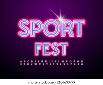 Vector neon emblem Sport Fest. Bright Creative Font. Glowing Alphabet Letters and Numbers set