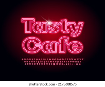 Emblema de neón vectorial Tasty Cafe.  Moderno y brillante fuente. Juego de letras y números de alfabeto brillante