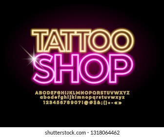 Vector Neon Emblem Tattoo Shop With Lighting Yellow Font. Glowing Alphabet Letters.