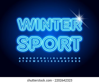 Vector neón Emblem Winter Sport. Fuente azul brillante. Letras y números de alfabeto brillantes