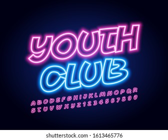 Vector Neon Emblem Youth Club. Electric Light Alphabet Letters and Numbers. Glowing bright Font