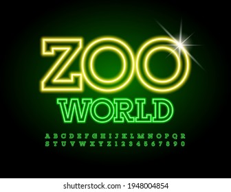 Vector neon Emblem Zoo World. Electric glow Font. Green light Alphabet Letters and Numbers set