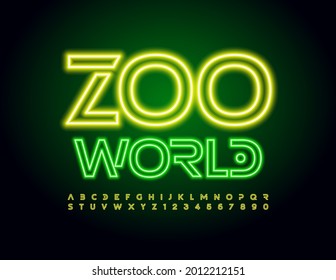 Emblema de neón vectorial Zoo World. Tipo de letra amarillo brillante. Luz brillante Montaje de letras y números de alfabeto